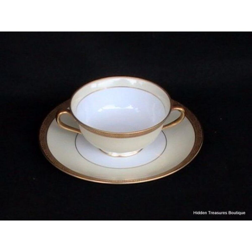 Noritake Margo #464 Cream Soup‎ & Saucer Creamy Yellow White Gold Encrusted Band